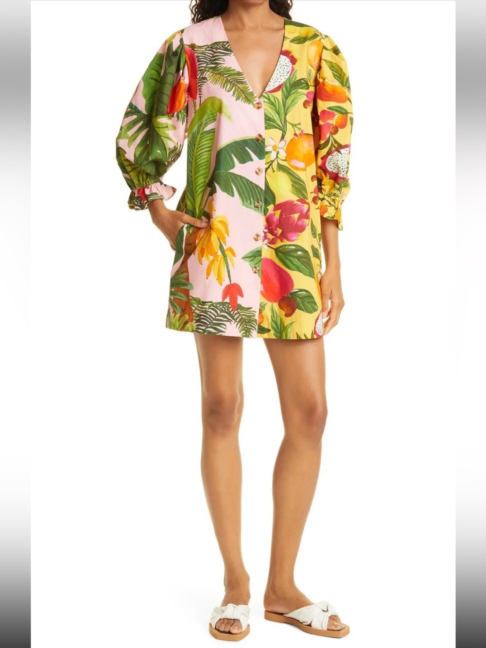 Farm Rio 100% Cotton Tropical Fruit Print V-Neck Mini Dress - Pink Yellow Sz XS